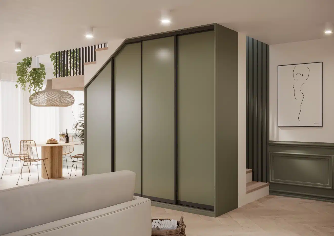 Losse schuifdeuren voor kledingkasten 3 Stipt Design Schuifdeur op maat met houtdecor en zwarte profielen, gemonteerd in een moderne slaapkamer.